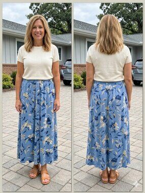 Jaclyn Smith Sport Floral Button Front Maxi Skirt Large Blue 90s Vintage Pockets